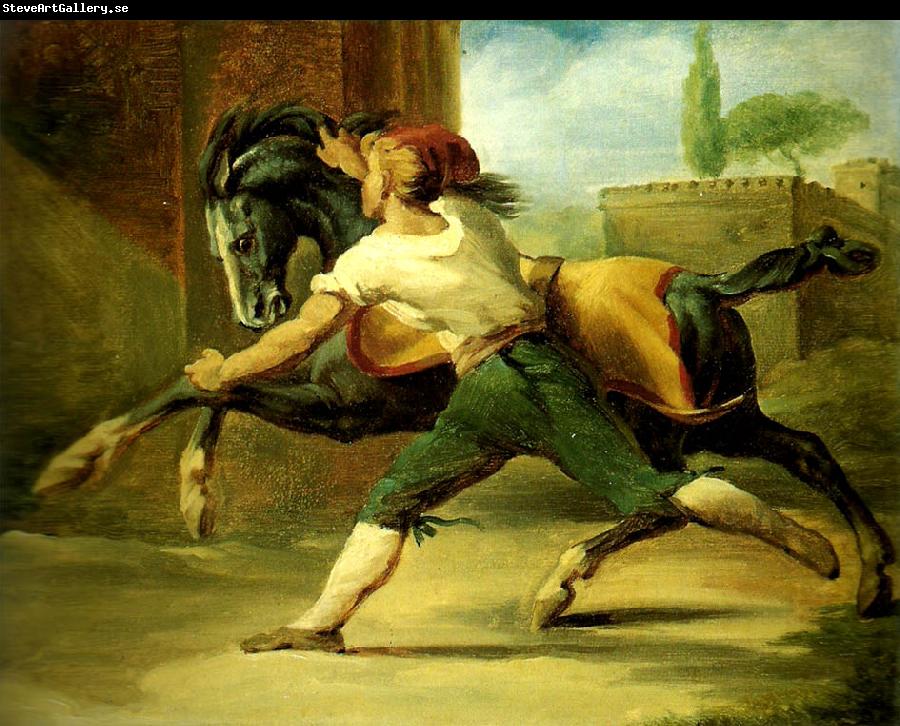 Theodore   Gericault palefrenier retenant un cheval